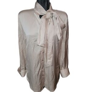 Joelle Cream Colored Satin Tie Neck Button-Up Long Blouse L